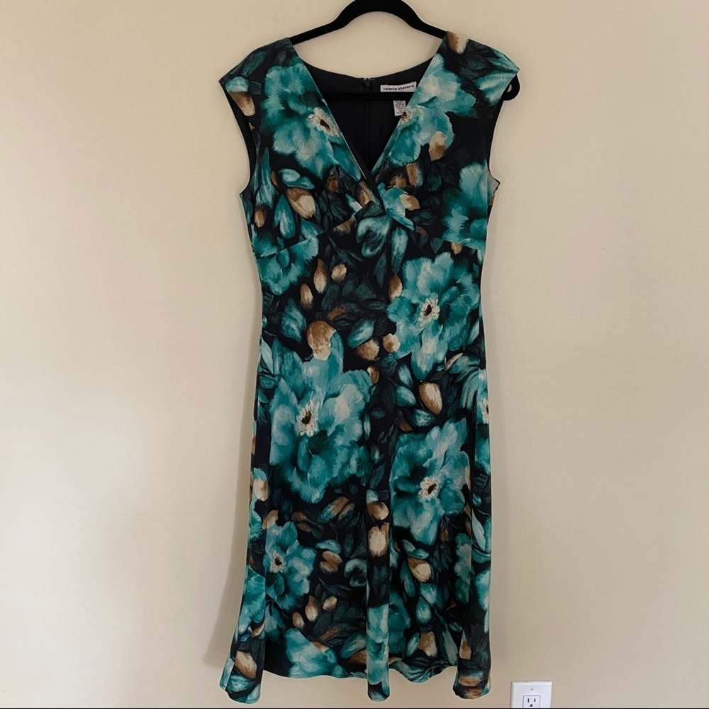 Valerie Stevens Teal Floral Fit-and-Flare Dress with Black and Gold Accents